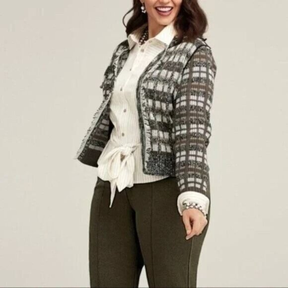Cabi #4097 Classic Cardigan Open Front Fringe Stripe Brown Medium - Picture 1 of 7